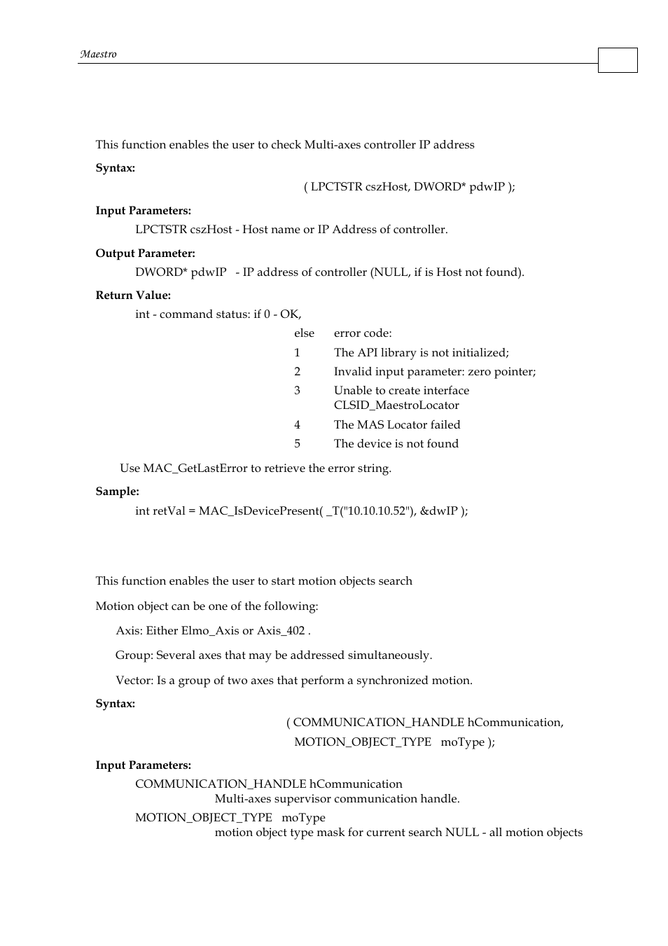 10 mac_isdevicepresent, 11 mac_locateobjects | ElmoMC Multi-Axis Motion Controller-Maestro User Manual | Page 115 / 313