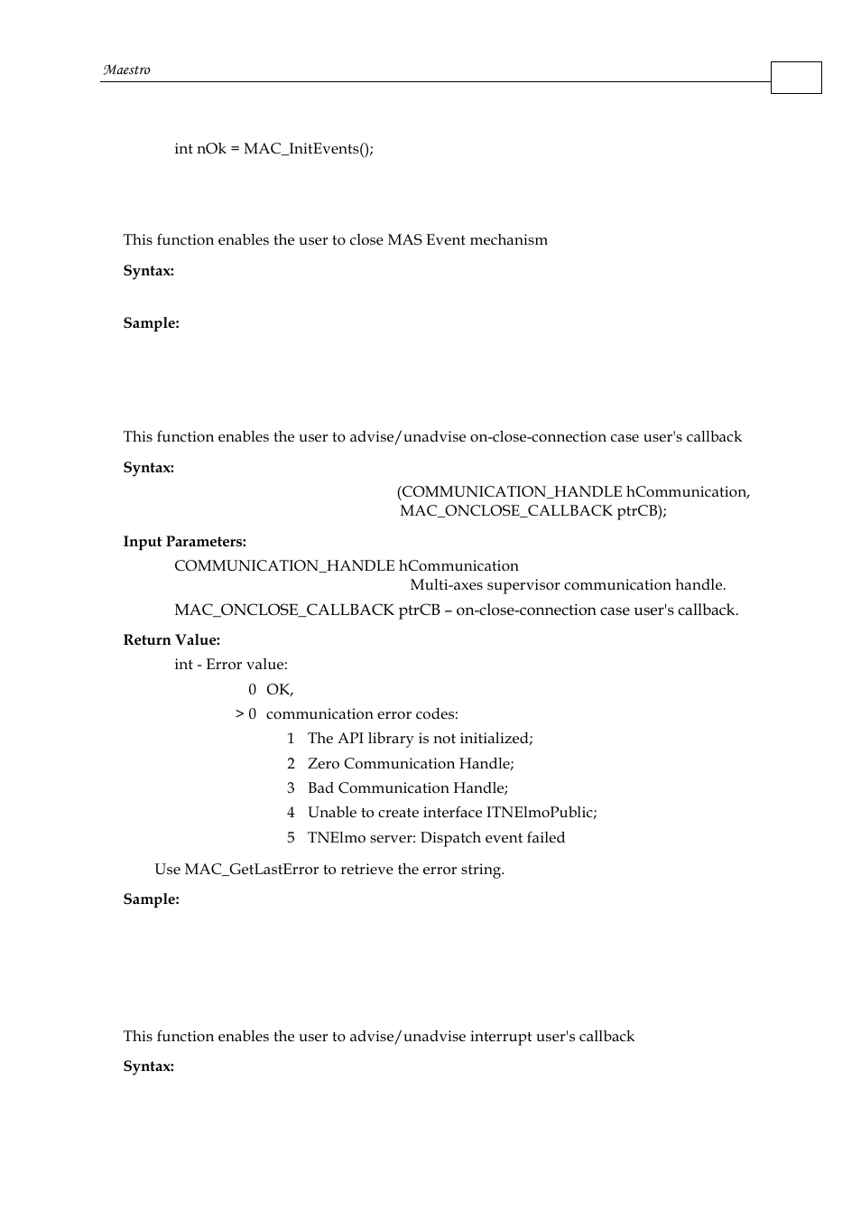 23 mac_deinitevents, 24 mac_regclosecallback, 25 mac_reginterruptcallback | ElmoMC Multi-Axis Motion Controller-Maestro User Manual | Page 124 / 313