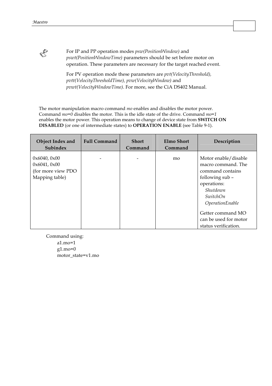 4 the motor manipulation macro command mo | ElmoMC Multi-Axis Motion Controller-Maestro User Manual | Page 156 / 313