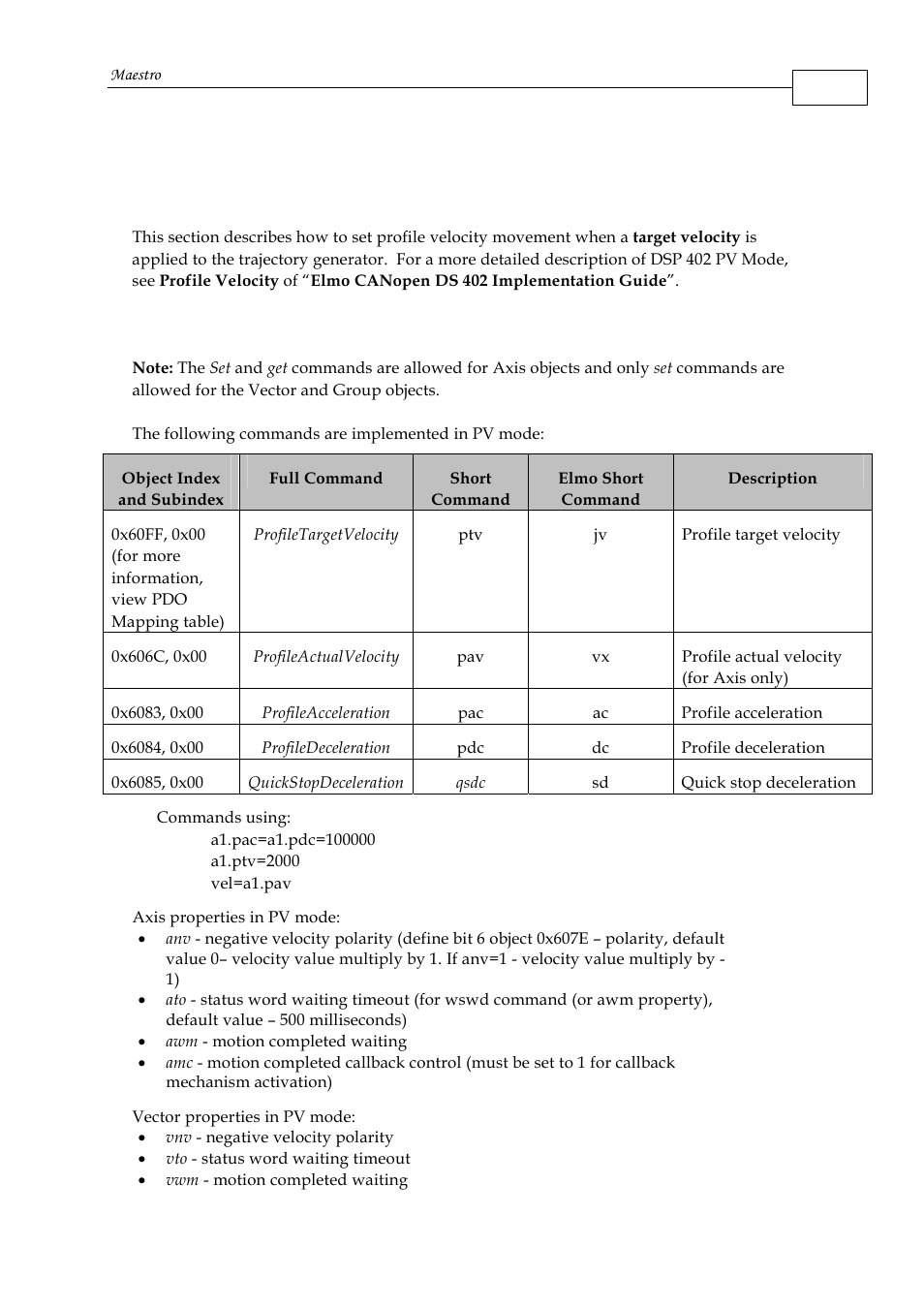 3 profile velocity (pv) mode, 1 profile velocity (pv) commands | ElmoMC Multi-Axis Motion Controller-Maestro User Manual | Page 165 / 313