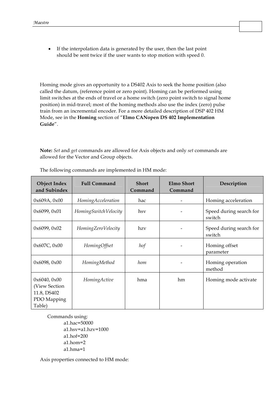 5 homing (hm) mode, 1 homing (hm) commands | ElmoMC Multi-Axis Motion Controller-Maestro User Manual | Page 181 / 313