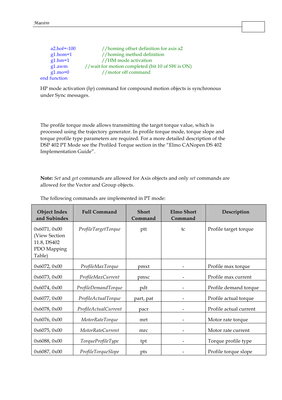 6 profiled torque (pt) mode, 1 profiled torque (pt) commands | ElmoMC Multi-Axis Motion Controller-Maestro User Manual | Page 184 / 313