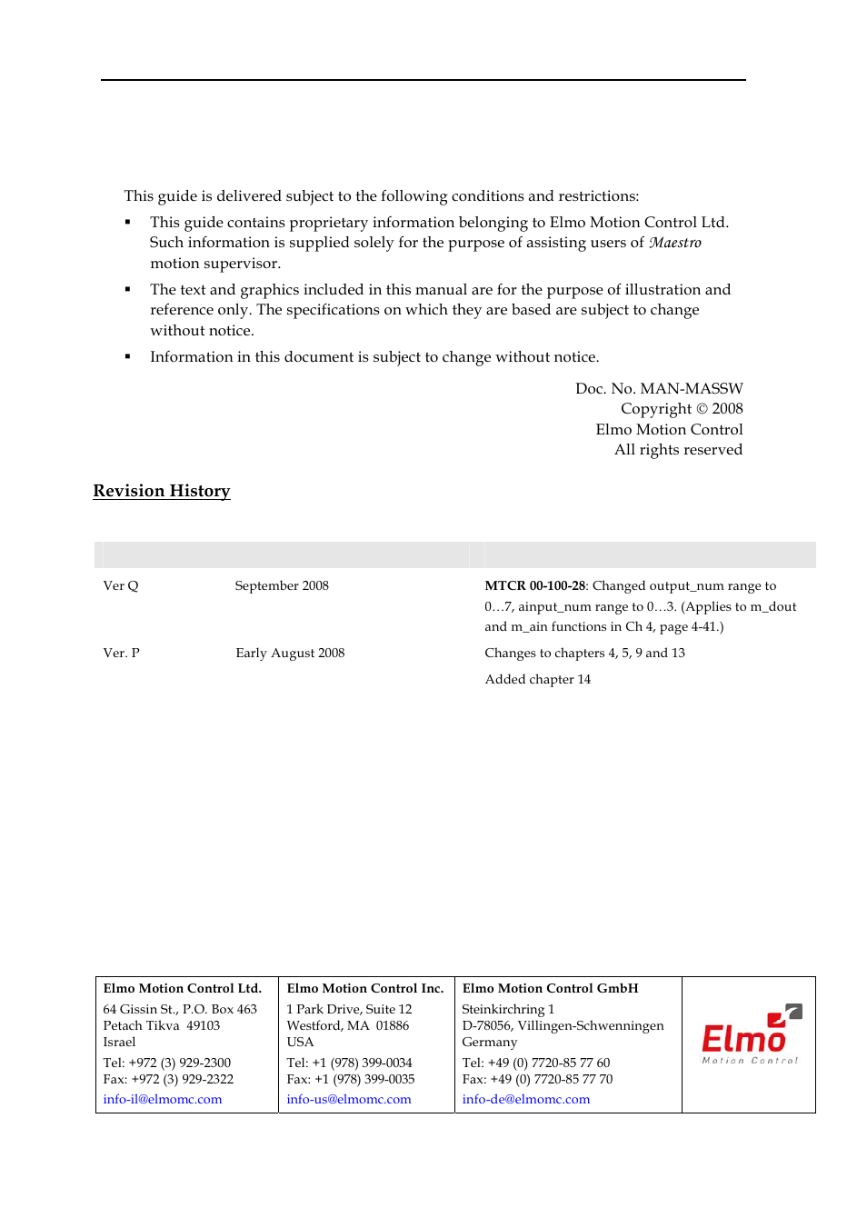 Important notice, Maestro, Revision history | ElmoMC Multi-Axis Motion Controller-Maestro User Manual | Page 2 / 313