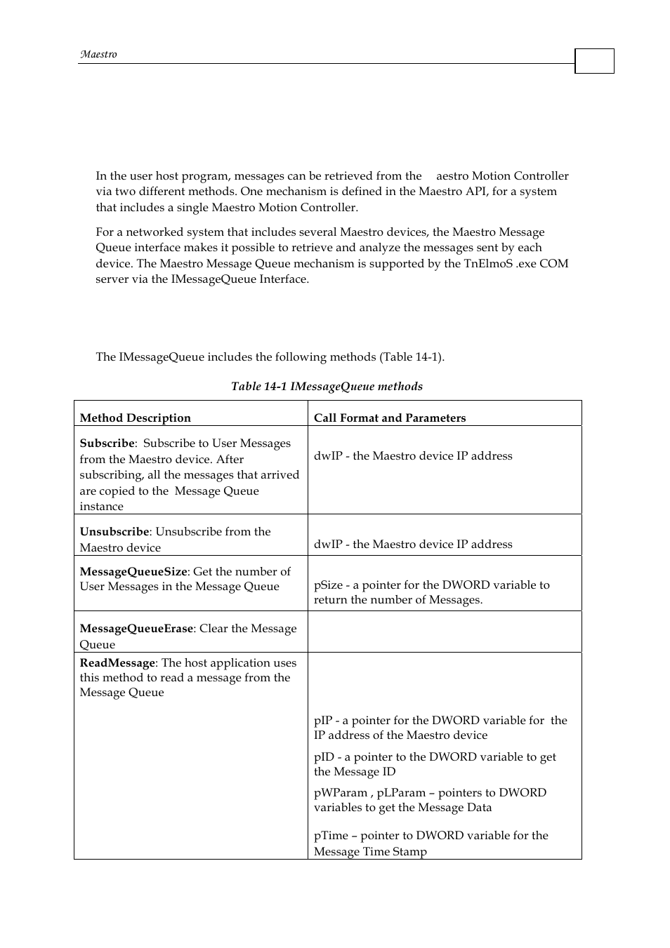 Chapter 14: maestro message queue, 1 user message methods, User message methods | ElmoMC Multi-Axis Motion Controller-Maestro User Manual | Page 248 / 313