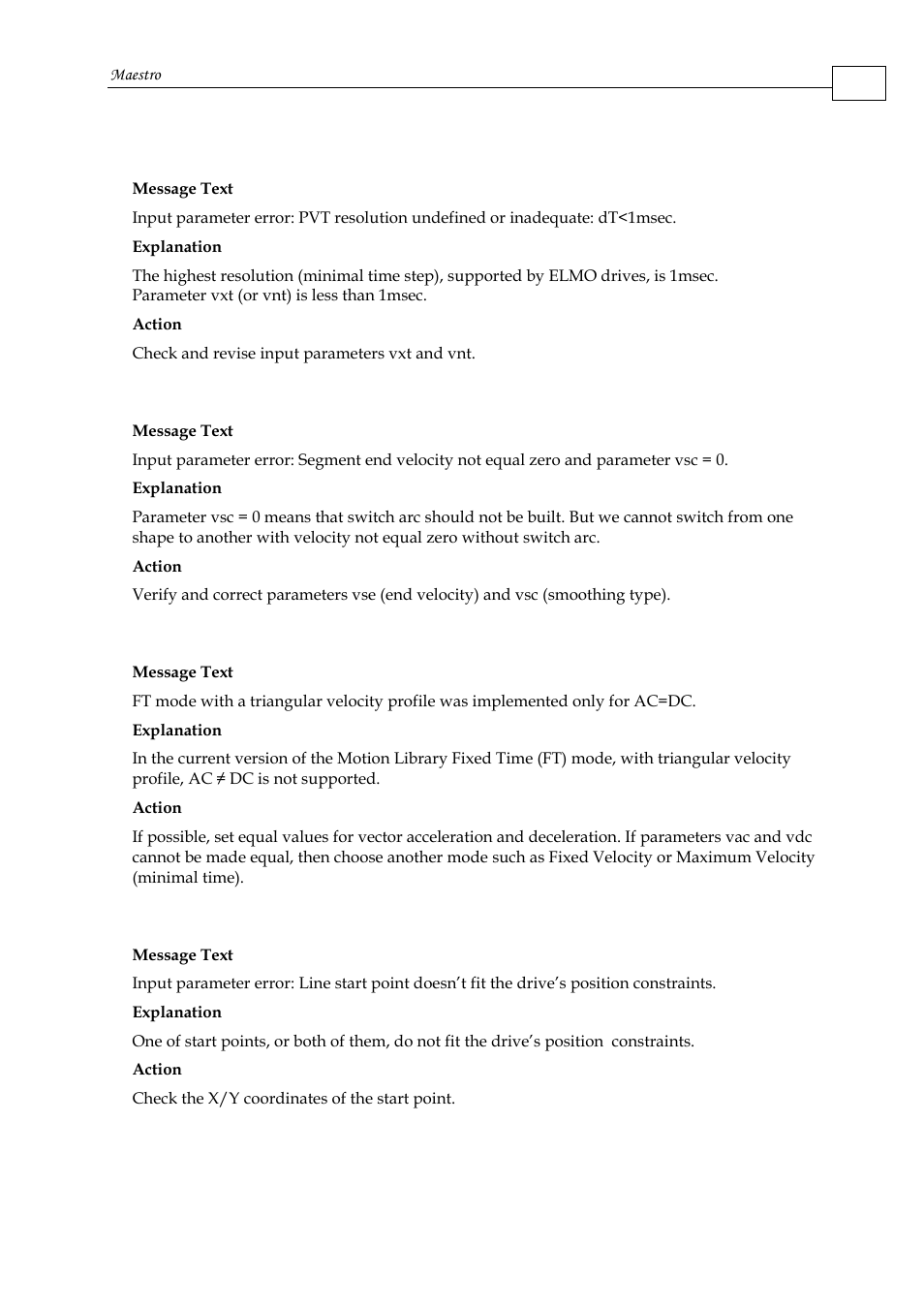 D.5.1.3 error 0005, D.5.1.4 error 0006, D.5.1.5 error 0010 | D.5.1.6 error 0011 | ElmoMC Multi-Axis Motion Controller-Maestro User Manual | Page 297 / 313