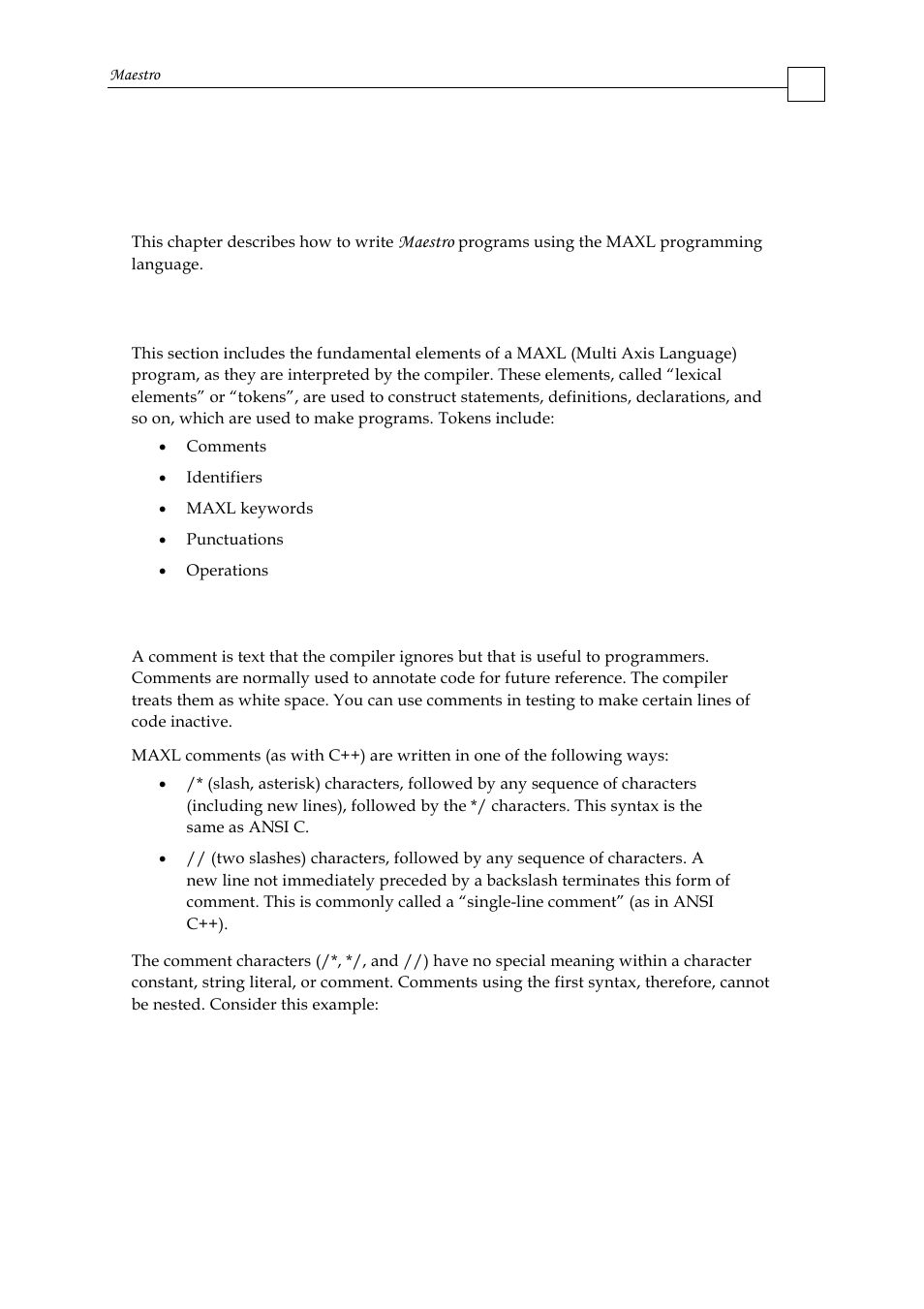 Chapter 5: maxl program language, 1 lexical conventions, 1 comments | ElmoMC Multi-Axis Motion Controller-Maestro User Manual | Page 63 / 313