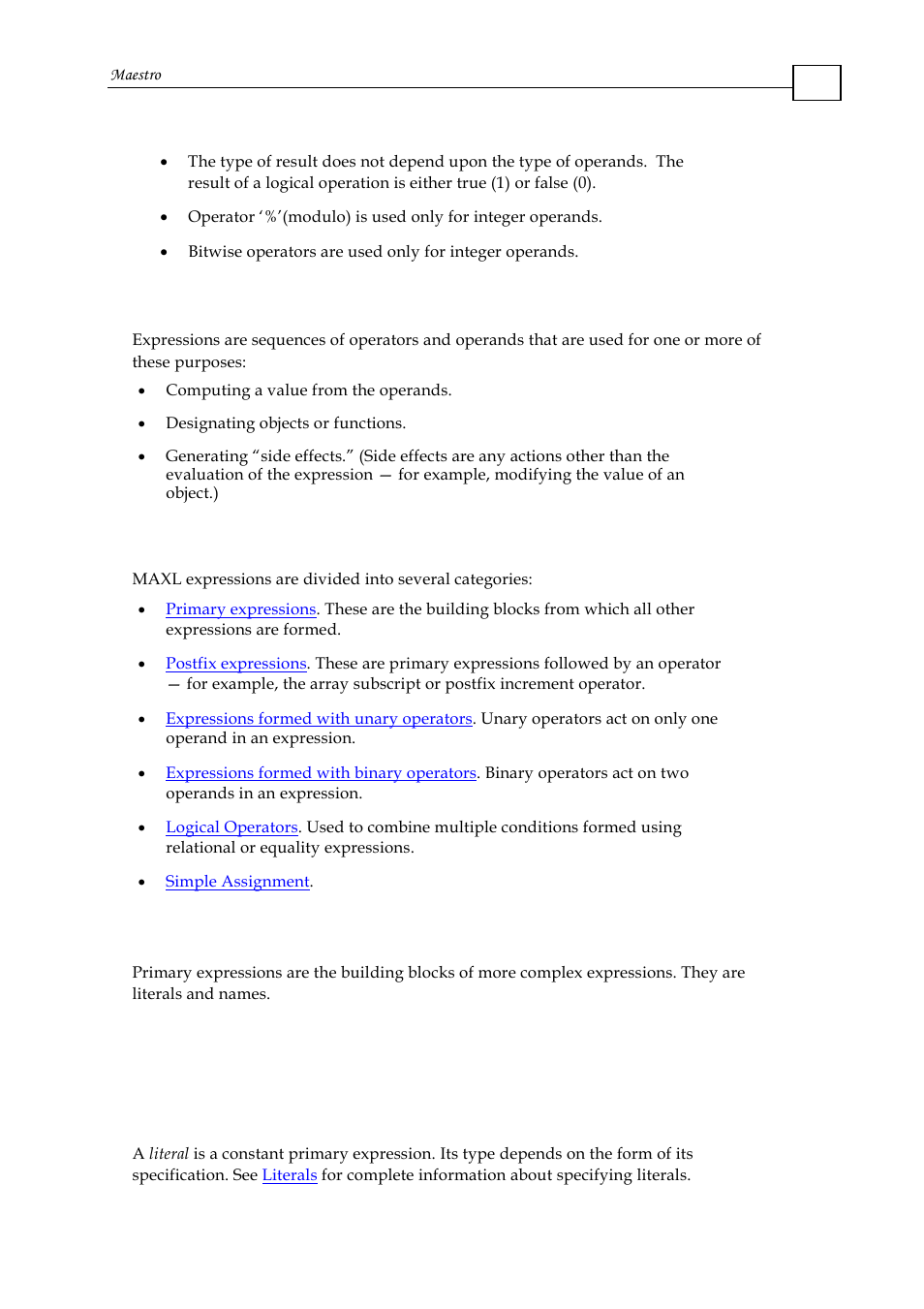 4 expressions, 1 types of expressions, 1 maxl primary expressions | Debug strings | ElmoMC Multi-Axis Motion Controller-Maestro User Manual | Page 75 / 313
