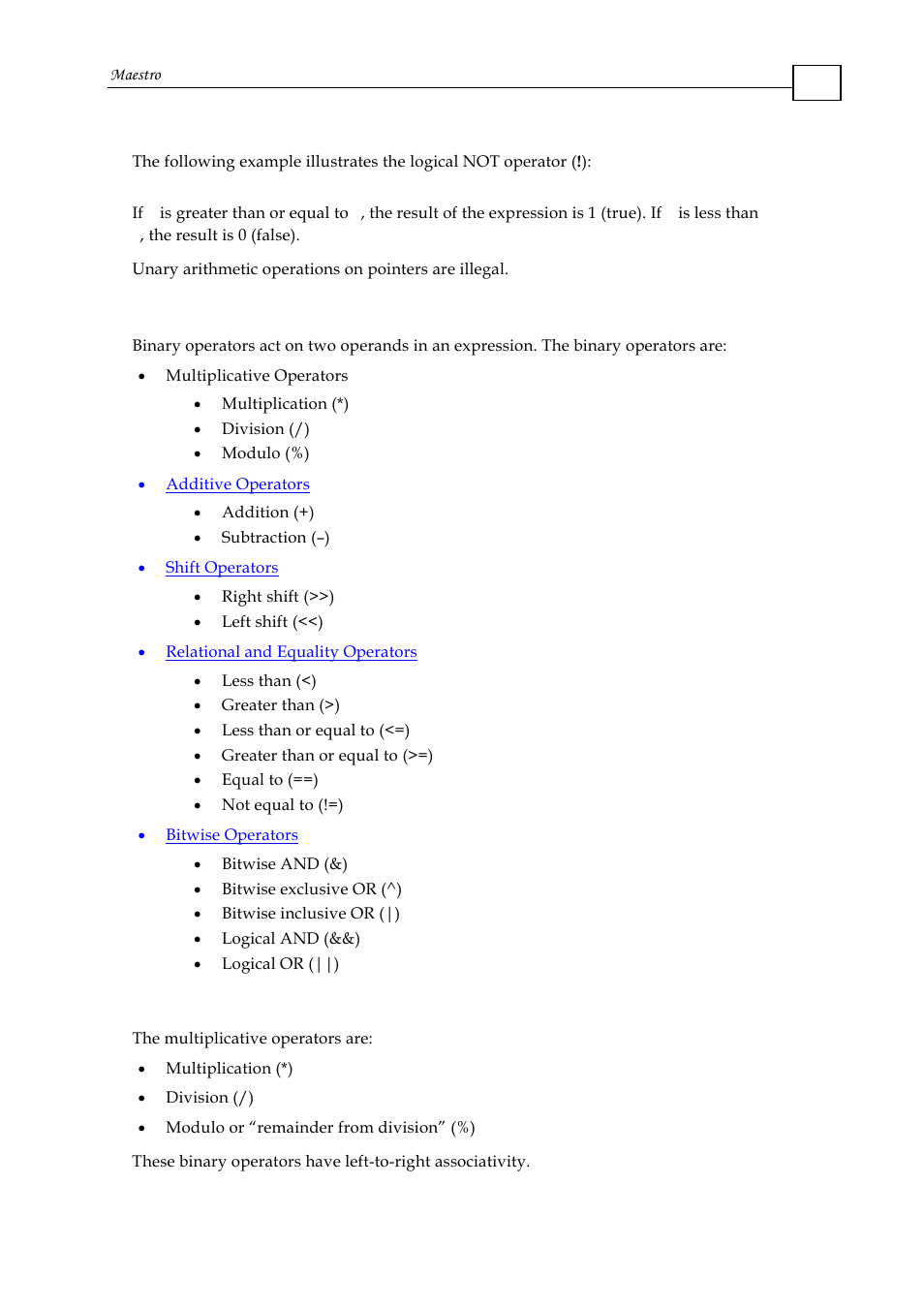 4 expressions with binary operators, 1 maxl multiplicative operators, Expressions formed with unary operators | Unary minus operator (–), Logical not operator (!) | ElmoMC Multi-Axis Motion Controller-Maestro User Manual | Page 78 / 313