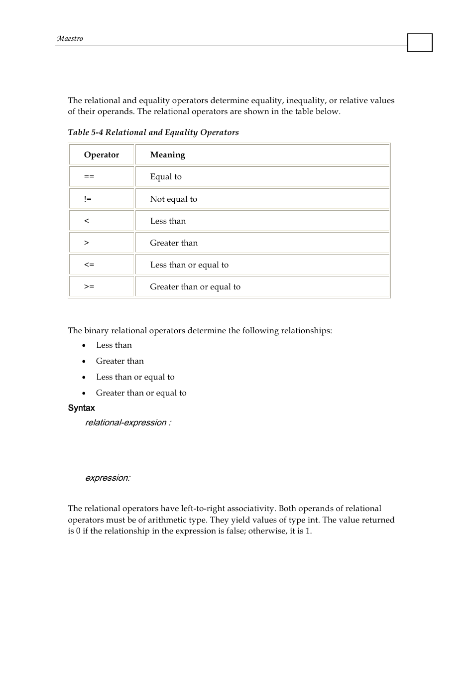 5 maxl relational and equality operators, 1 relational operators, Relational and equality operators | ElmoMC Multi-Axis Motion Controller-Maestro User Manual | Page 81 / 313