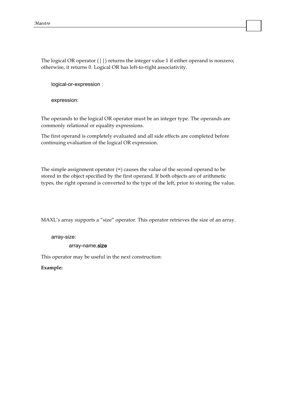 2 logical or operator, 6 simple assignment, 7 size of array | Logical operators, Bitwise exclusive or (^), Bitwise inclusive or (|), Simple assignment, Size of array | ElmoMC Multi-Axis Motion Controller-Maestro User Manual | Page 84 / 313