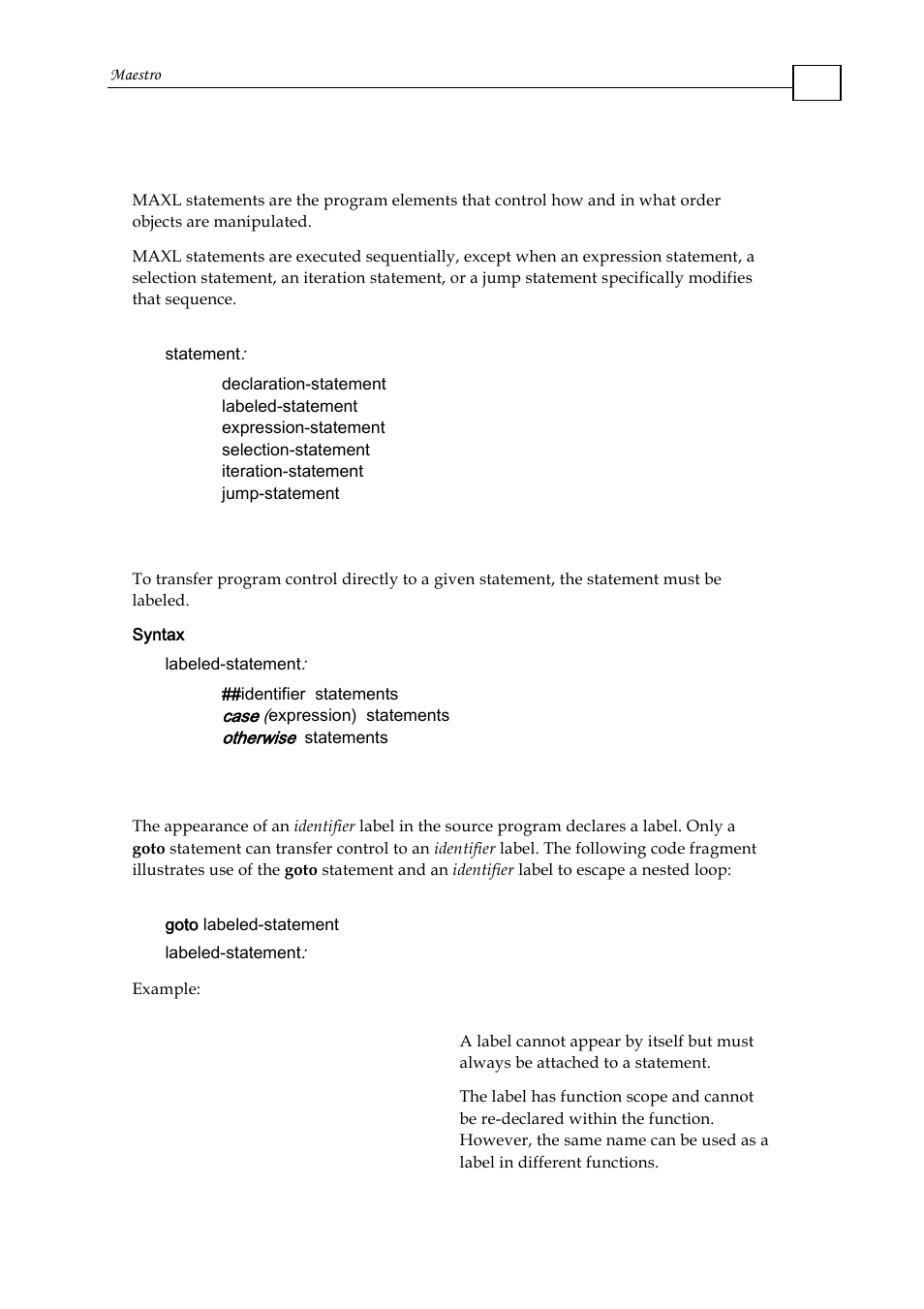 5 statements, 1 labeled statements, 1 using labels with the goto statement | ElmoMC Multi-Axis Motion Controller-Maestro User Manual | Page 86 / 313