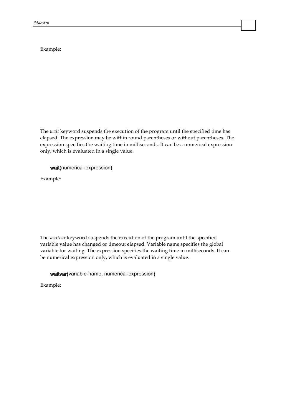 7 virtual machine control statements, 1 wait control statement, 2 waitvar control statement | ElmoMC Multi-Axis Motion Controller-Maestro User Manual | Page 98 / 313