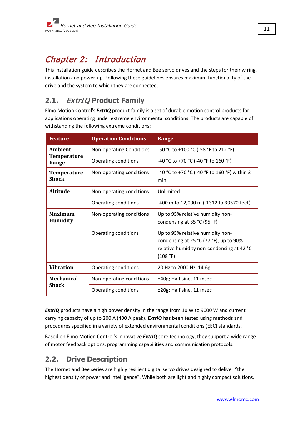 Chapter 2: introduction, Extriq product family, Drive description | Chapter 2, Introduction, Extriq product family 2.2. drive description, Extriq, Product family | ElmoMC ExtrIQ Digital Servo Drives-Hornet User Manual | Page 11 / 72