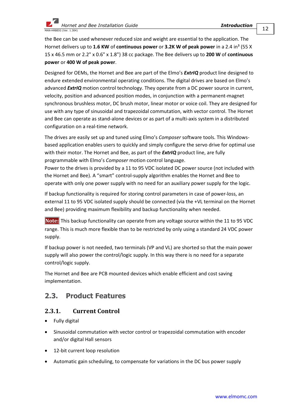 Product features, Current control | ElmoMC ExtrIQ Digital Servo Drives-Hornet User Manual | Page 12 / 72