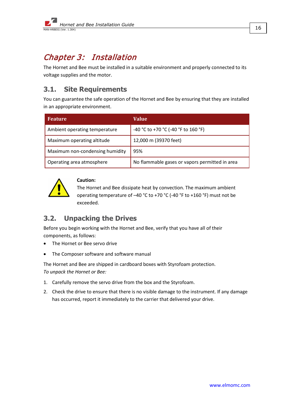 Chapter 3: installation, Site requirements, Unpacking the drives | Chapter 3, Installation, Site requirements 3.2. unpacking the drives | ElmoMC ExtrIQ Digital Servo Drives-Hornet User Manual | Page 16 / 72