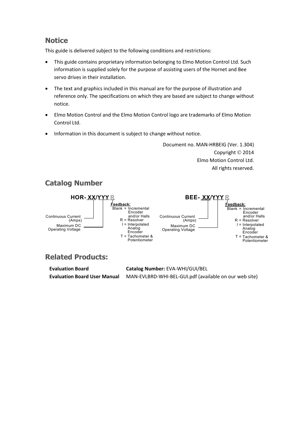 Notice, Catalog number, Related products | ElmoMC ExtrIQ Digital Servo Drives-Hornet User Manual | Page 2 / 72