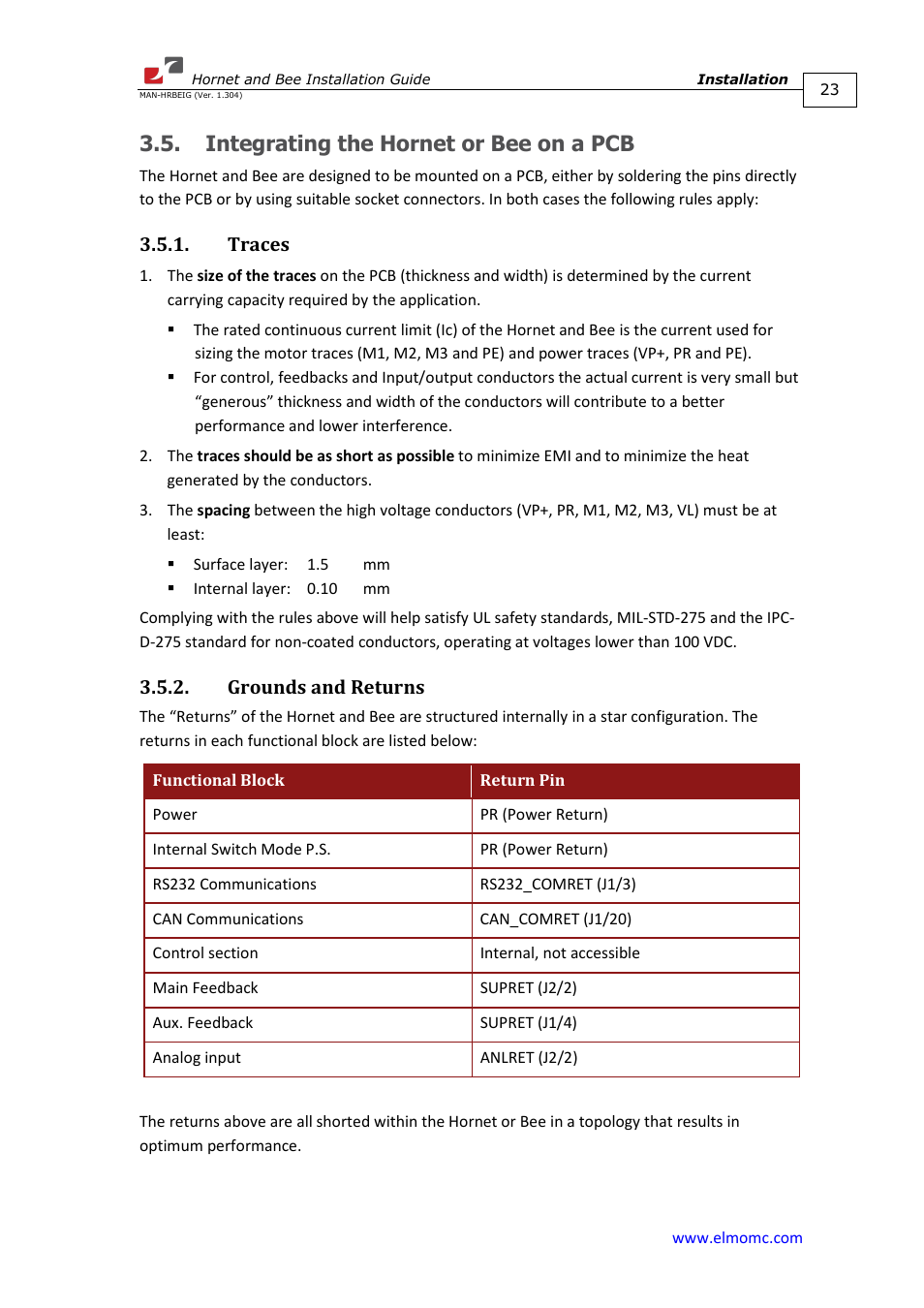 Integrating the hornet or bee on a pcb, Traces, Grounds and returns | Traces 3.5.2. grounds and returns | ElmoMC ExtrIQ Digital Servo Drives-Hornet User Manual | Page 23 / 72