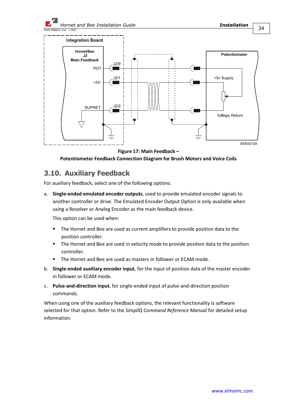 Auxiliary feedback | ElmoMC ExtrIQ Digital Servo Drives-Hornet User Manual | Page 34 / 72