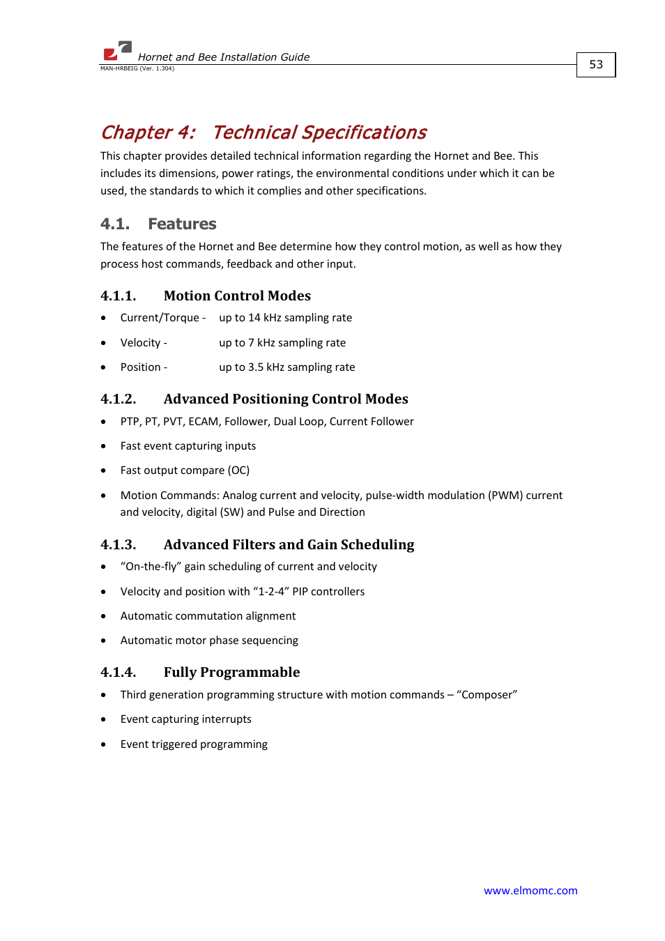 Chapter 4: technical specifications, Features, Motion control modes | Advanced positioning control modes, Advanced filters and gain scheduling, Fully programmable, Chapter 4, Technical specifications | ElmoMC ExtrIQ Digital Servo Drives-Hornet User Manual | Page 53 / 72