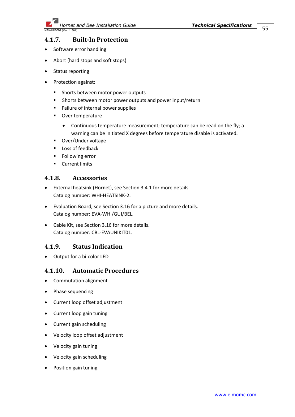 Built-in protection, Accessories, Status indication | Automatic procedures | ElmoMC ExtrIQ Digital Servo Drives-Hornet User Manual | Page 55 / 72