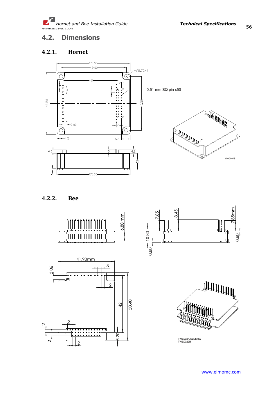 Dimensions, Hornet, Hornet 4.2.2. bee | ElmoMC ExtrIQ Digital Servo Drives-Hornet User Manual | Page 56 / 72