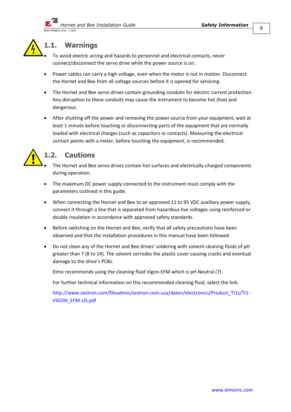 Warnings, Cautions, Warnings 1.2. cautions | ElmoMC ExtrIQ Digital Servo Drives-Hornet User Manual | Page 9 / 72