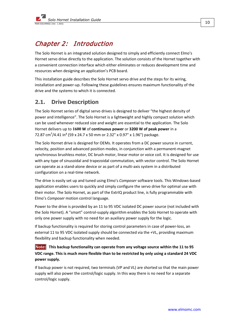Chapter 2: introduction, Drive description, Chapter 2 | Introduction | ElmoMC ExtrIQ Digital Servo Drives-Solo Hornet User Manual | Page 10 / 70