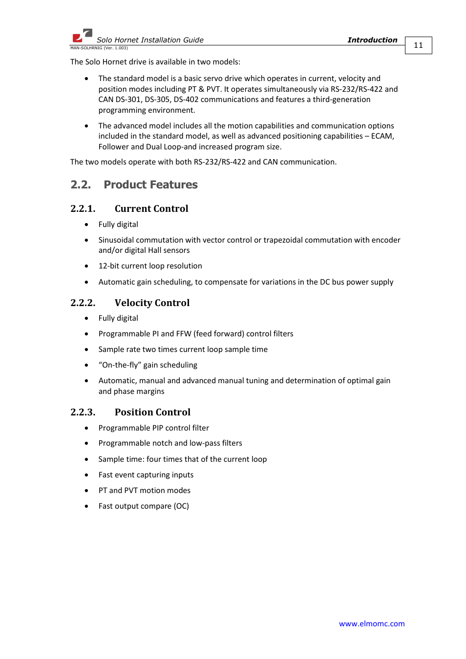 Product features, Current control, Velocity control | Position control | ElmoMC ExtrIQ Digital Servo Drives-Solo Hornet User Manual | Page 11 / 70