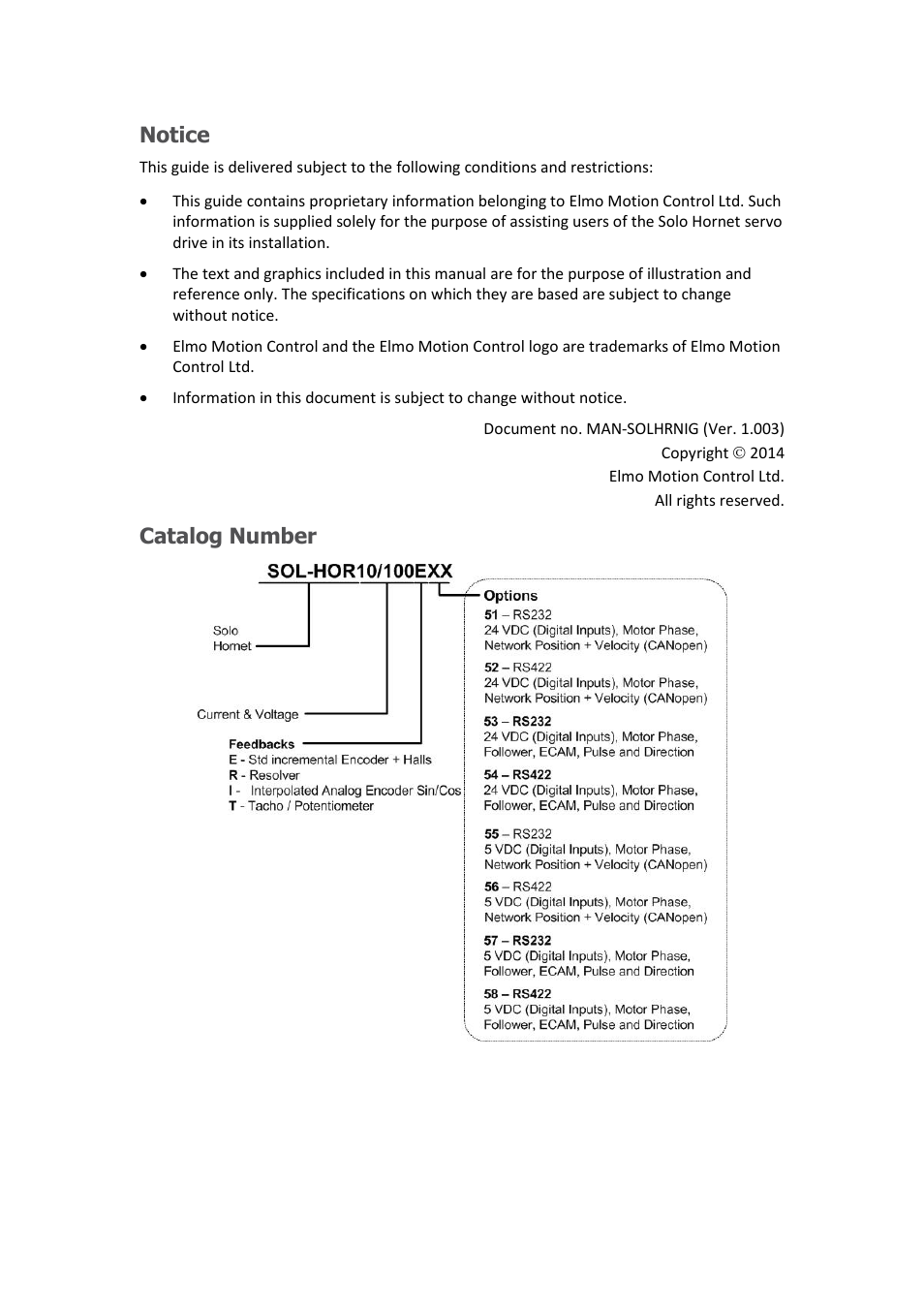 Notice, Catalog number | ElmoMC ExtrIQ Digital Servo Drives-Solo Hornet User Manual | Page 2 / 70