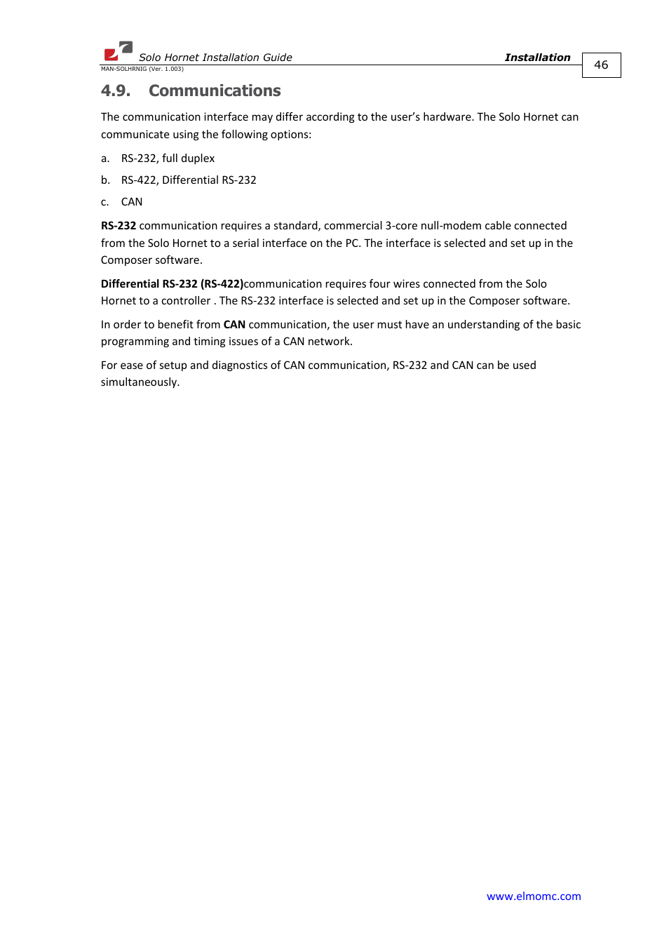 Communications | ElmoMC ExtrIQ Digital Servo Drives-Solo Hornet User Manual | Page 46 / 70