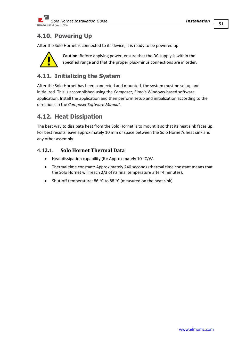 Powering up, Initializing the system, Heat dissipation | Solo hornet thermal data | ElmoMC ExtrIQ Digital Servo Drives-Solo Hornet User Manual | Page 51 / 70