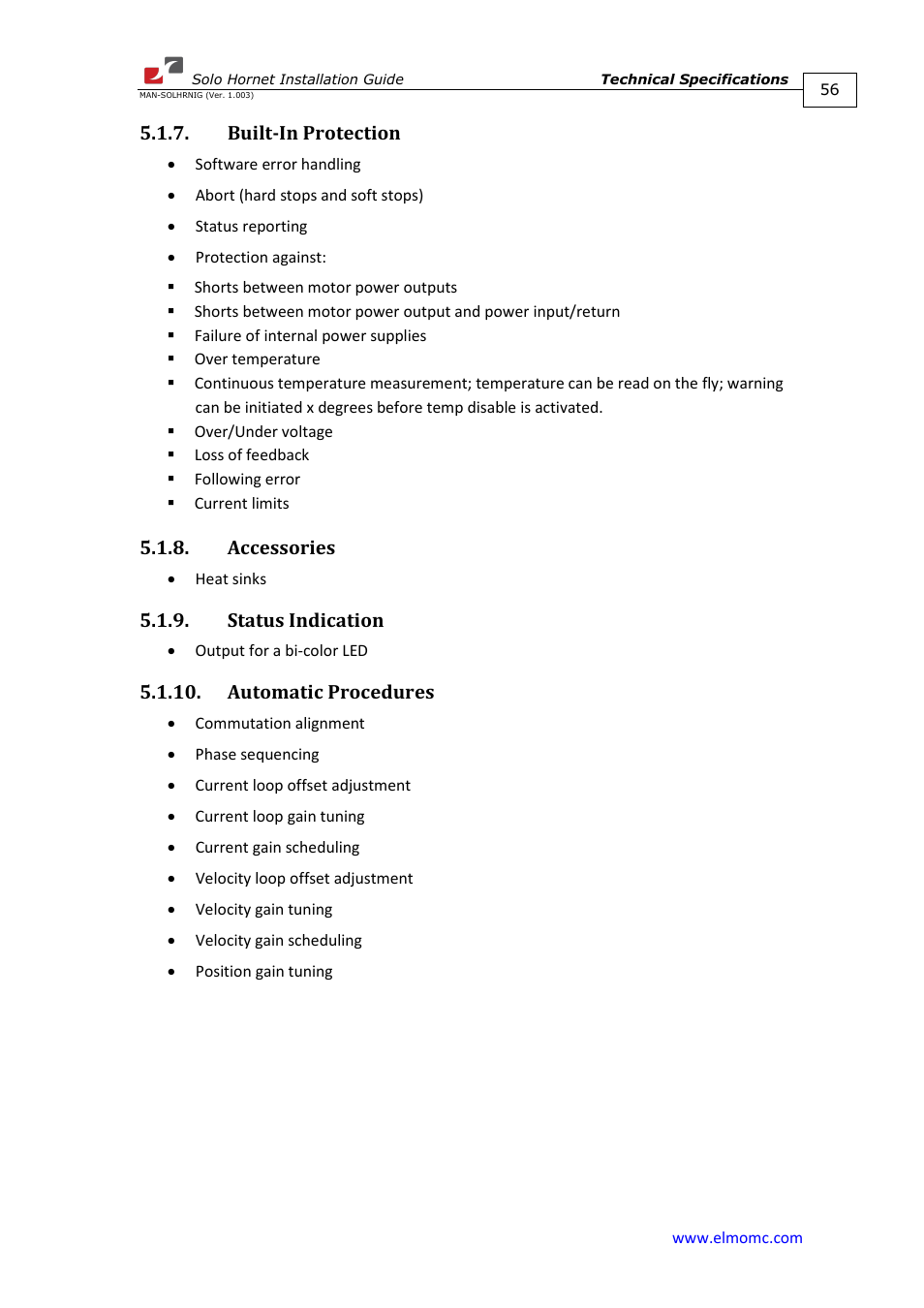 Built-in protection, Accessories, Status indication | Automatic procedures | ElmoMC ExtrIQ Digital Servo Drives-Solo Hornet User Manual | Page 56 / 70