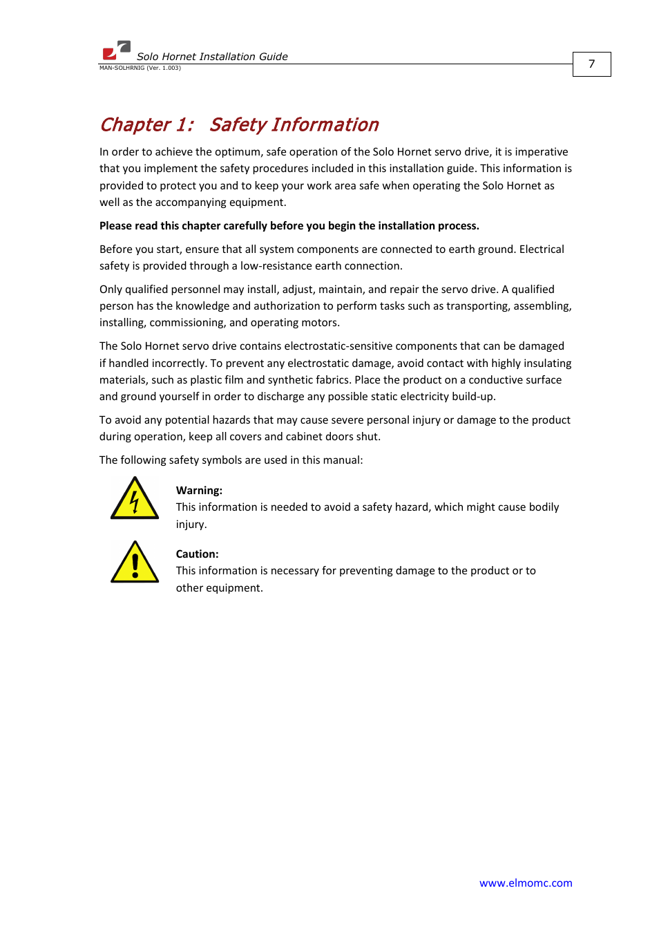 Chapter 1: safety information, Chapter 1, Safety information | ElmoMC ExtrIQ Digital Servo Drives-Solo Hornet User Manual | Page 7 / 70