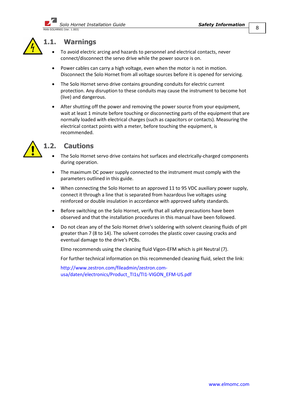 Warnings, Cautions, Warnings 1.2. cautions | ElmoMC ExtrIQ Digital Servo Drives-Solo Hornet User Manual | Page 8 / 70