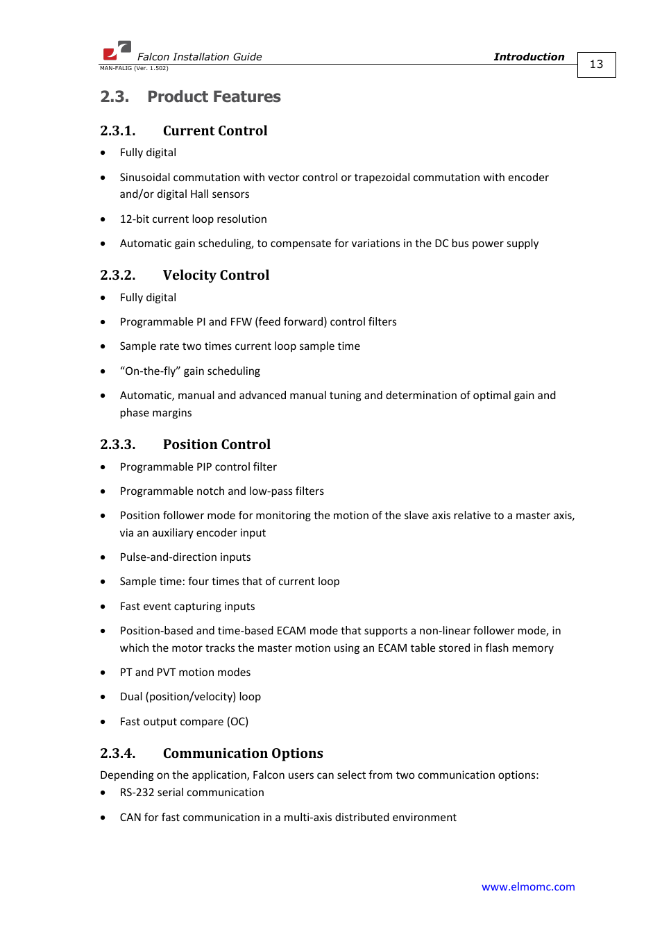 Product features, Current control, Velocity control | Position control, Communication options | ElmoMC ExtrIQ Digital Servo Drives-Falcon User Manual | Page 13 / 73