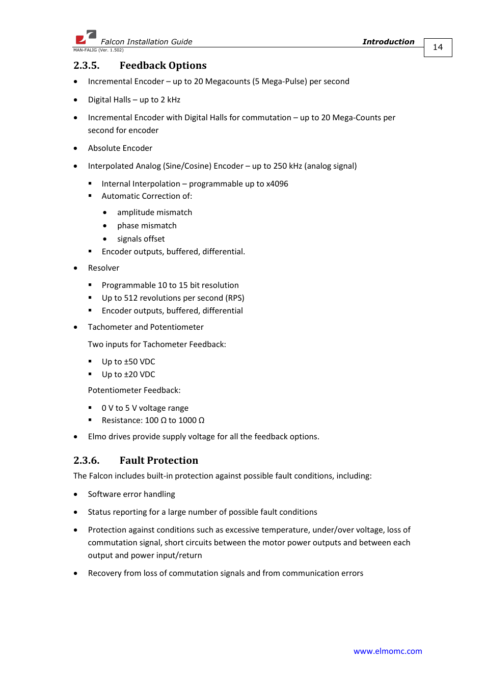 Feedback options, Fault protection, Feedback options 2.3.6. fault protection | ElmoMC ExtrIQ Digital Servo Drives-Falcon User Manual | Page 14 / 73