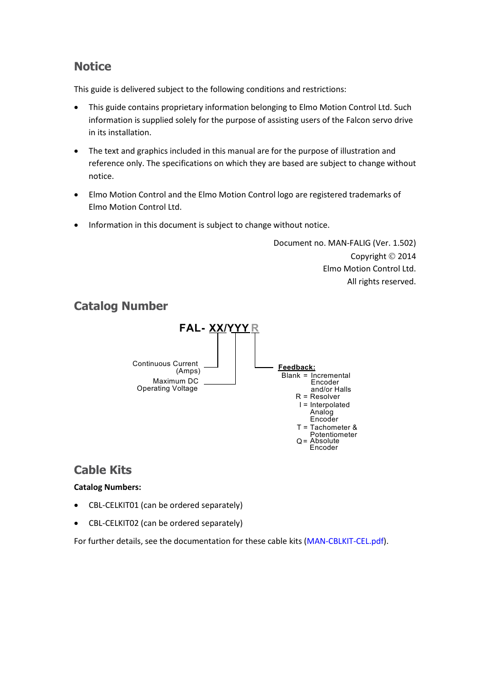 Notice, Catalog number, Cable kits | Fal- xx/yyy r | ElmoMC ExtrIQ Digital Servo Drives-Falcon User Manual | Page 2 / 73