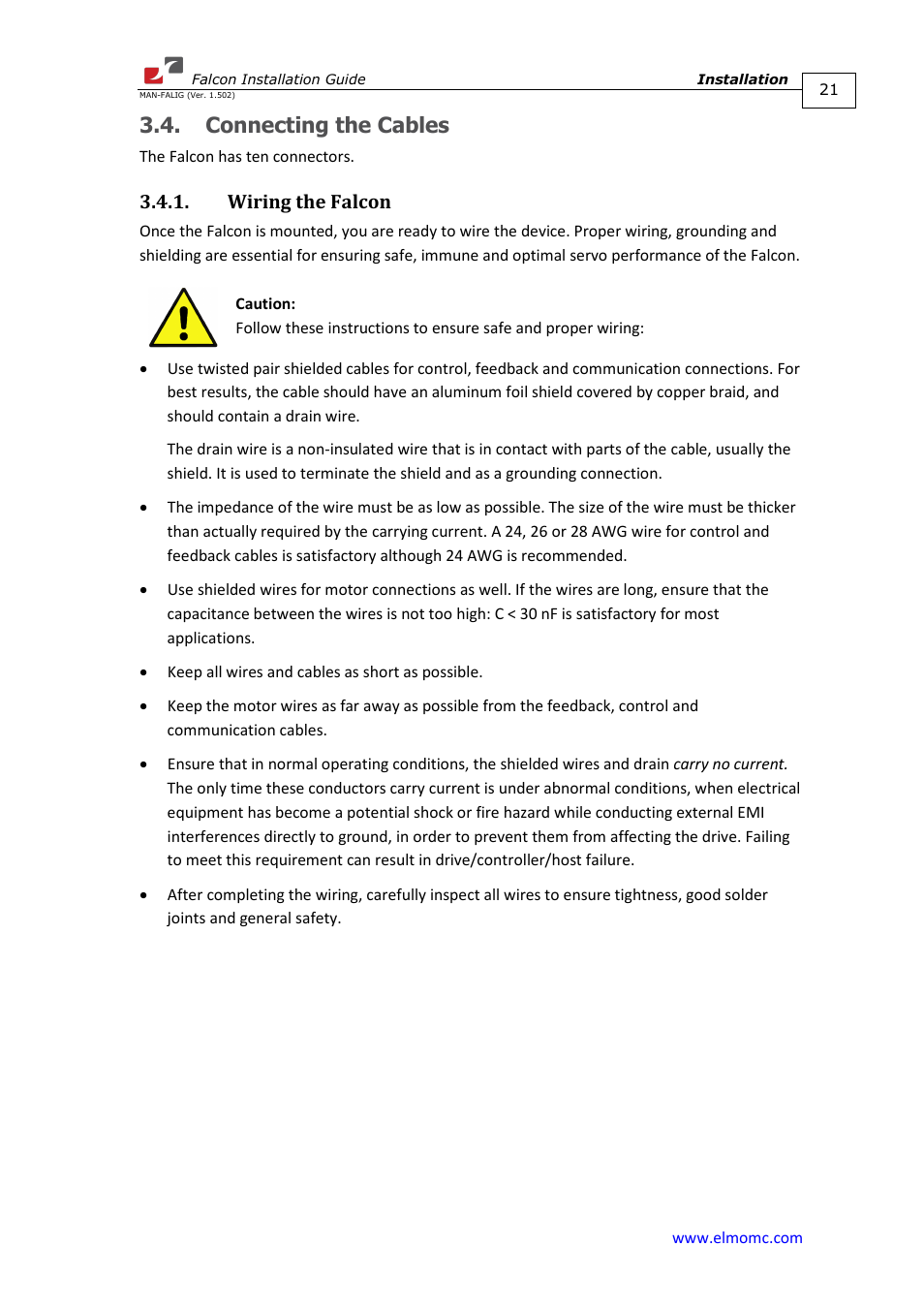 Connecting the cables, Wiring the falcon | ElmoMC ExtrIQ Digital Servo Drives-Falcon User Manual | Page 21 / 73