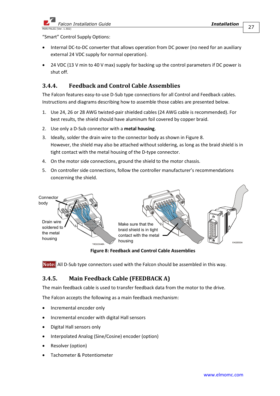 Feedback and control cable assemblies, Main feedback cable (feedback a) | ElmoMC ExtrIQ Digital Servo Drives-Falcon User Manual | Page 27 / 73