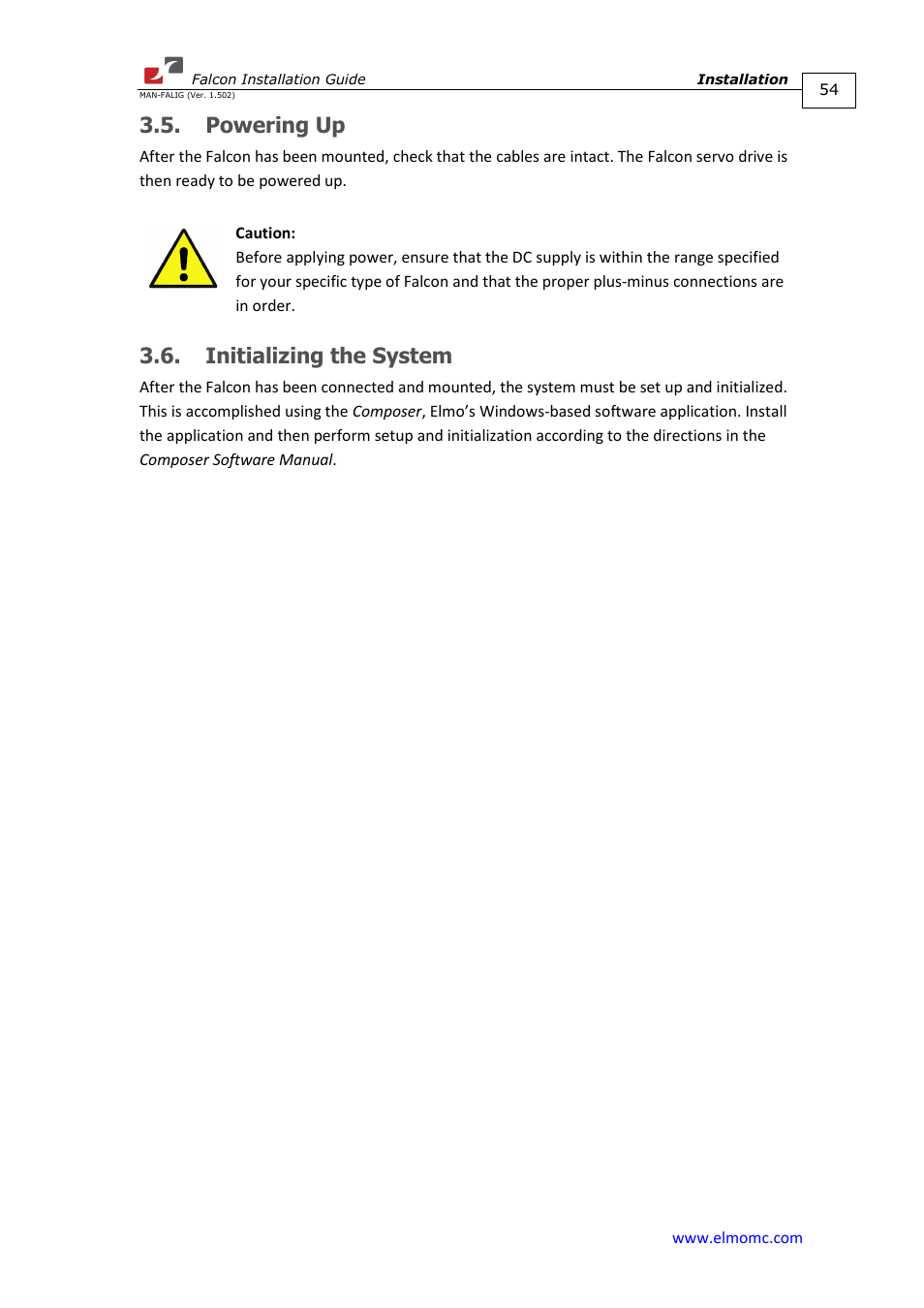 Powering up, Initializing the system, Powering up 3.6. initializing the system | ElmoMC ExtrIQ Digital Servo Drives-Falcon User Manual | Page 54 / 73