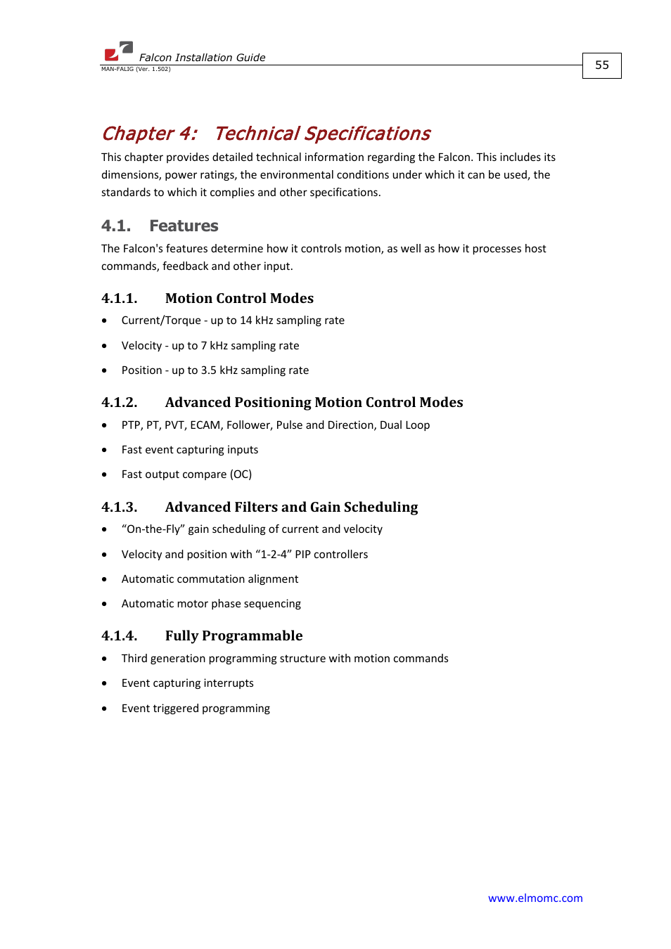 Chapter 4: technical specifications, Features, Motion control modes | Advanced positioning motion control modes, Advanced filters and gain scheduling, Fully programmable, Chapter 4, Technical specifications | ElmoMC ExtrIQ Digital Servo Drives-Falcon User Manual | Page 55 / 73