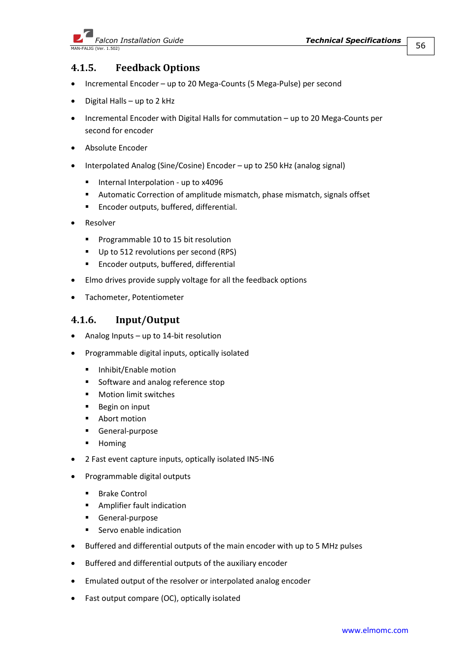 Feedback options, Input/output, Feedback options 4.1.6. input/output | ElmoMC ExtrIQ Digital Servo Drives-Falcon User Manual | Page 56 / 73