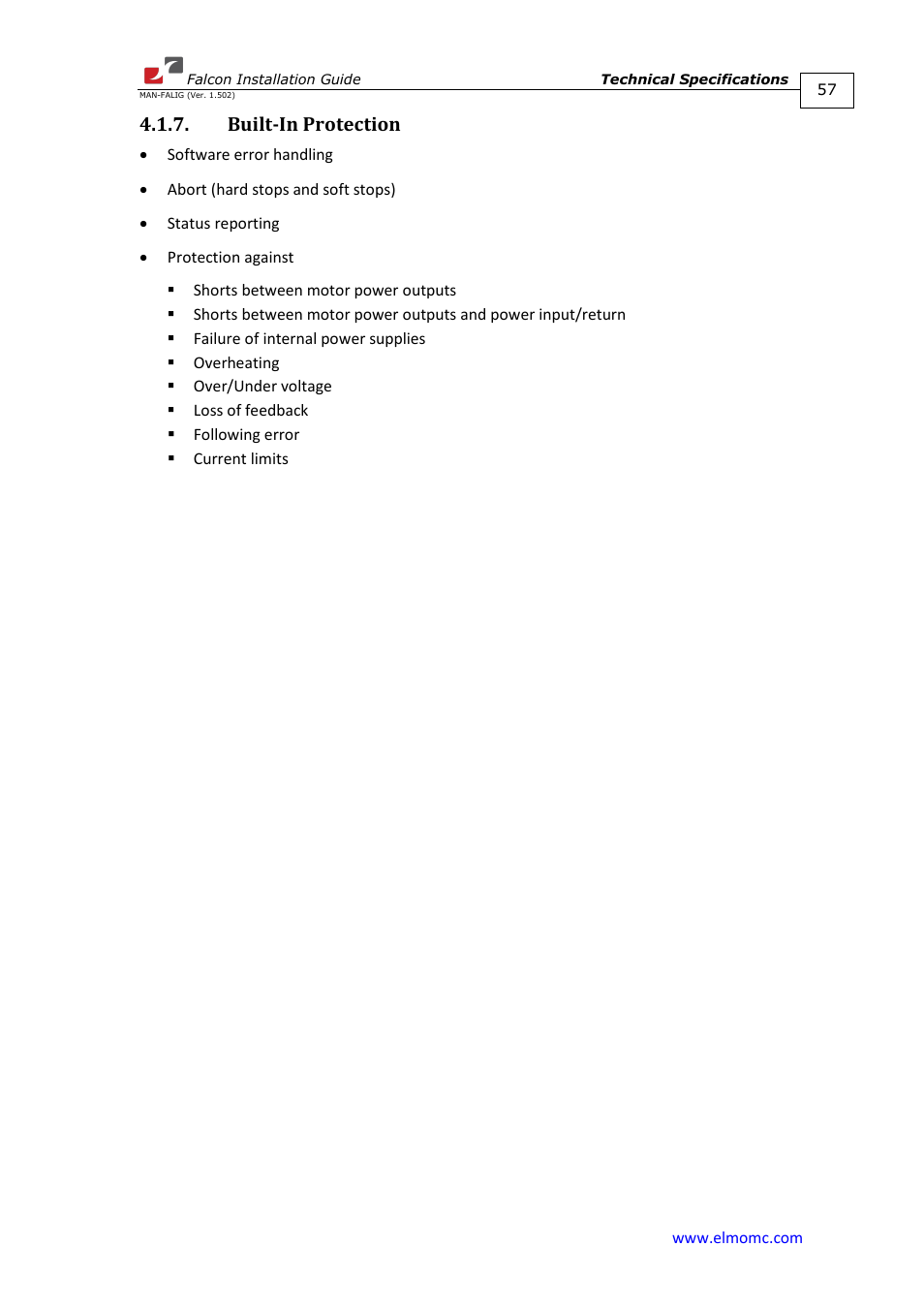 Built-in protection | ElmoMC ExtrIQ Digital Servo Drives-Falcon User Manual | Page 57 / 73