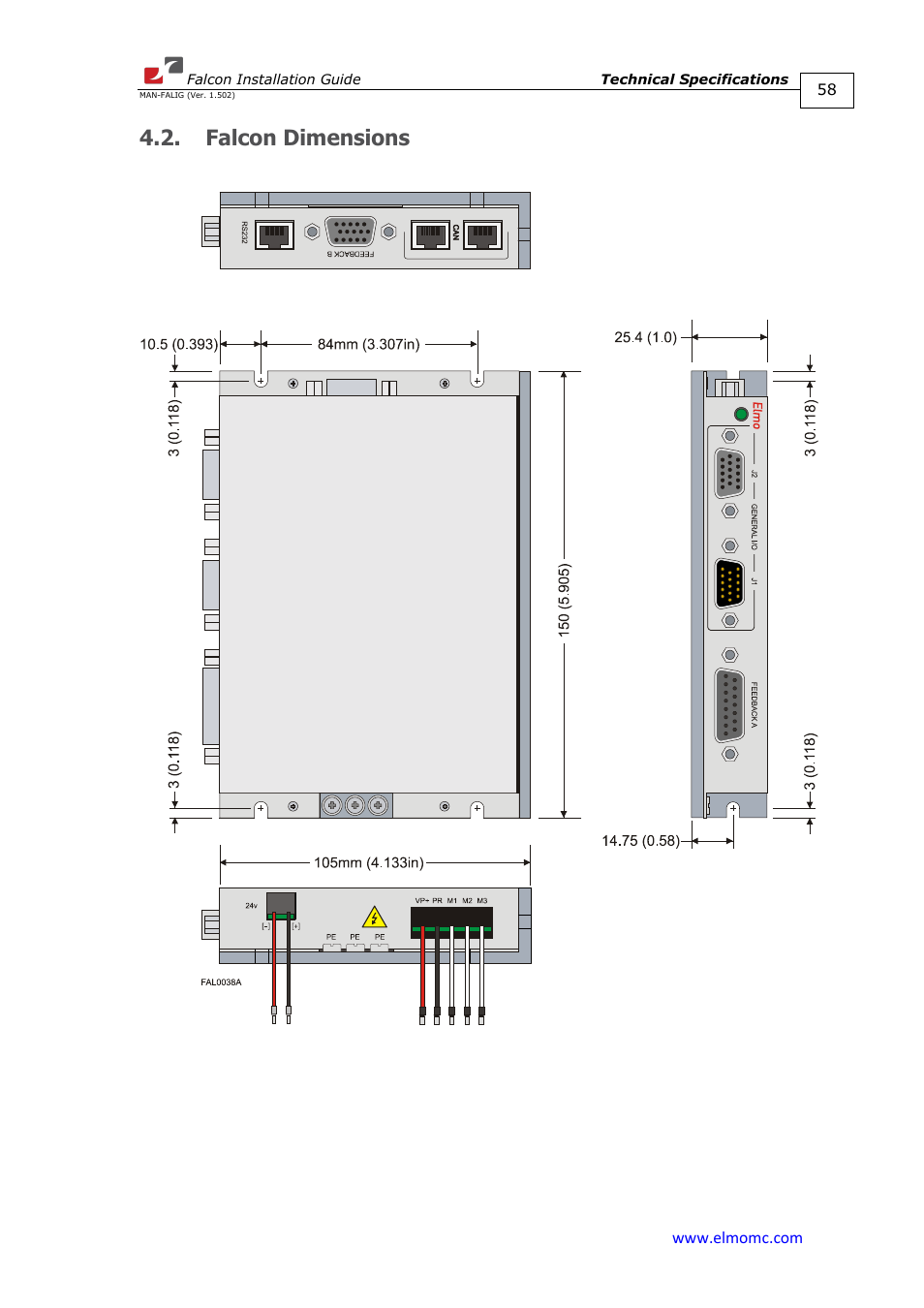 Falcon dimensions | ElmoMC ExtrIQ Digital Servo Drives-Falcon User Manual | Page 58 / 73