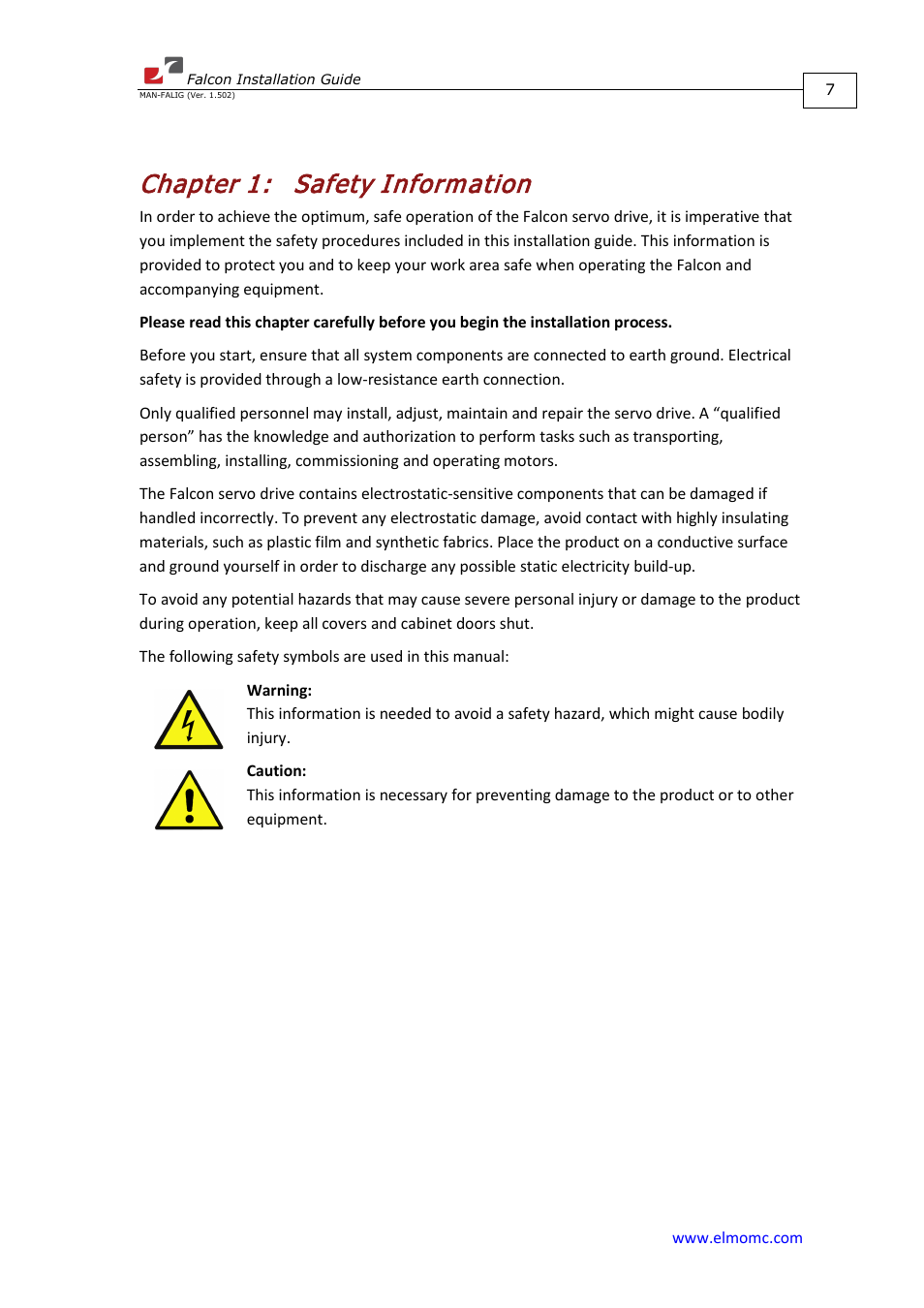 Chapter 1: safety information, Chapter 1, Safety information | ElmoMC ExtrIQ Digital Servo Drives-Falcon User Manual | Page 7 / 73