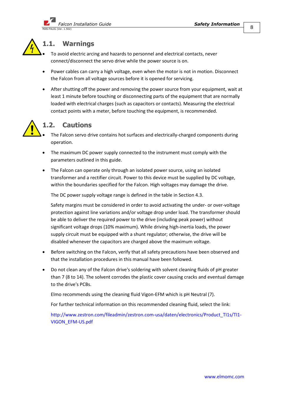 Warnings, Cautions, Warnings 1.2. cautions | ElmoMC ExtrIQ Digital Servo Drives-Falcon User Manual | Page 8 / 73