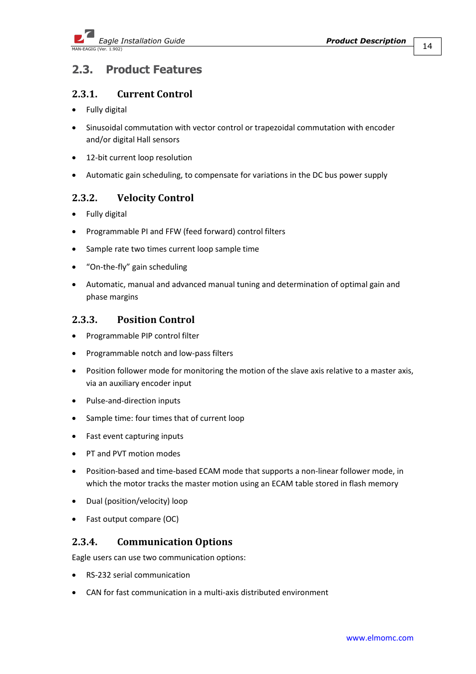 Product features, Current control, Velocity control | Position control, Communication options | ElmoMC ExtrIQ Digital Servo Drives-Eagle User Manual | Page 14 / 87