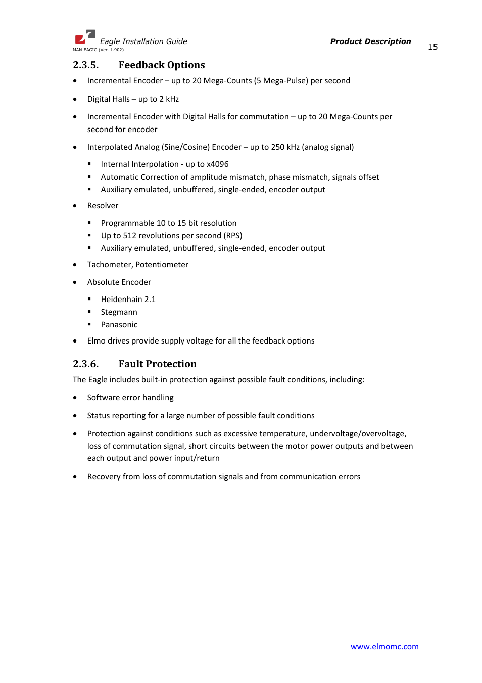 Feedback options, Fault protection, Feedback options 2.3.6. fault protection | ElmoMC ExtrIQ Digital Servo Drives-Eagle User Manual | Page 15 / 87