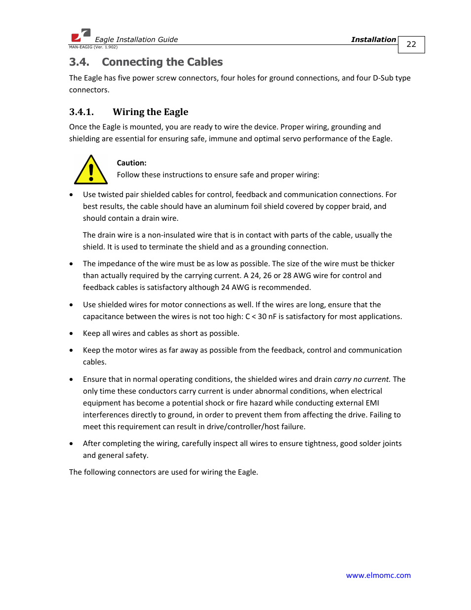 Connecting the cables, Wiring the eagle | ElmoMC ExtrIQ Digital Servo Drives-Eagle User Manual | Page 22 / 87