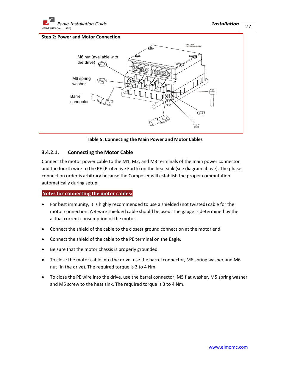 Connecting the motor cable | ElmoMC ExtrIQ Digital Servo Drives-Eagle User Manual | Page 27 / 87